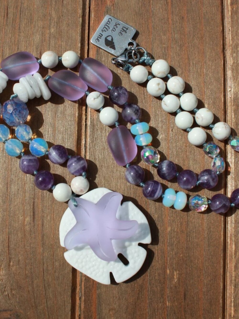 Lavender Sea Glass and Gemstone Necklace with Sand Dollar Pendant